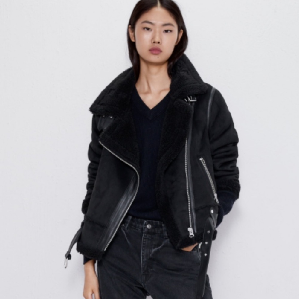 Zara black shearling moto jacket $120 M classic fall casual black coat boho $120 - Picture 2 of 6